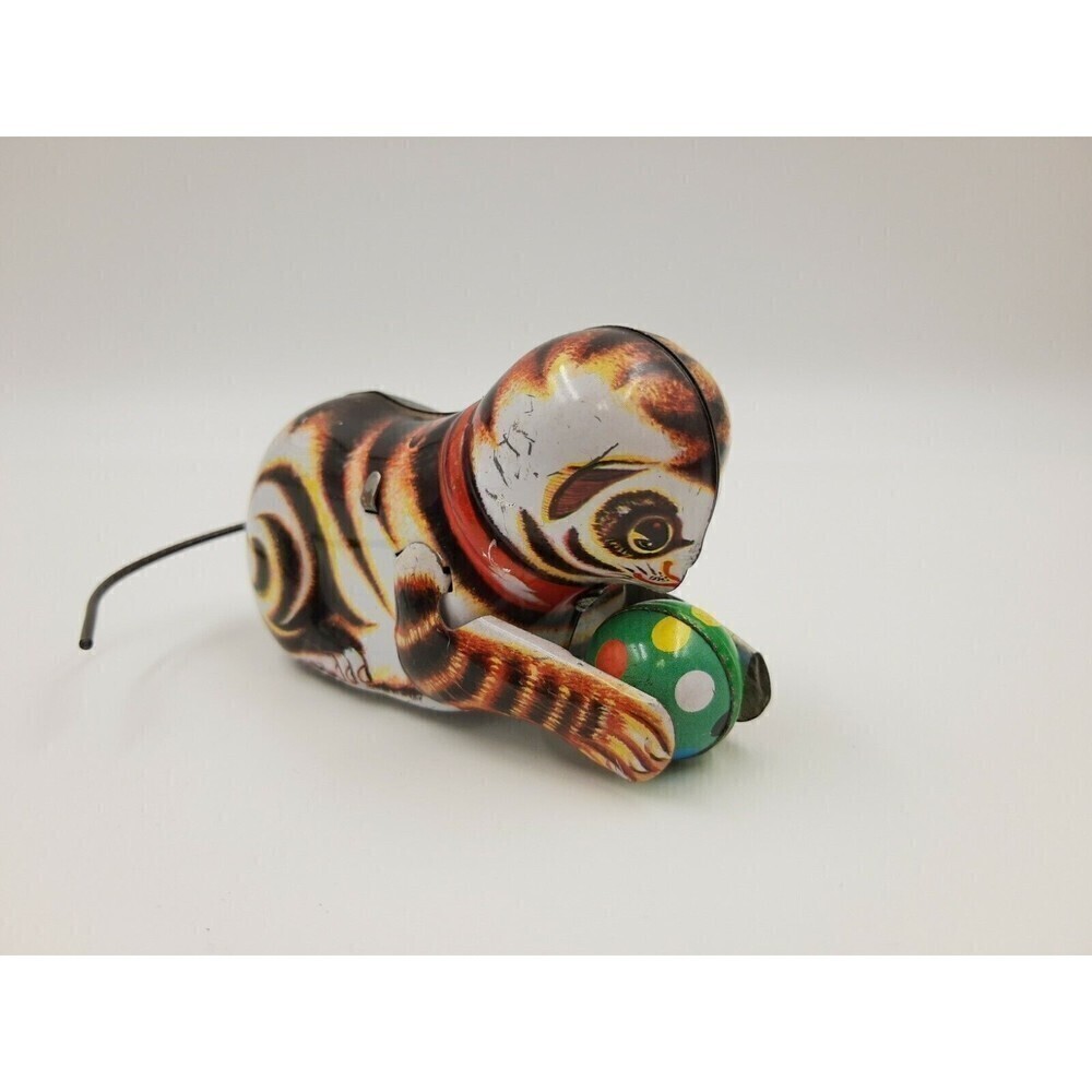 Vintage Wind Up Tin Metal Cat With Ball Litho Toy No Key